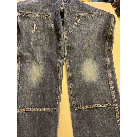 Distressed Carhartt Double knee Blue Denim Pants  Relaxed Fit Rugged Flex Utilit - Picture 12 of 16